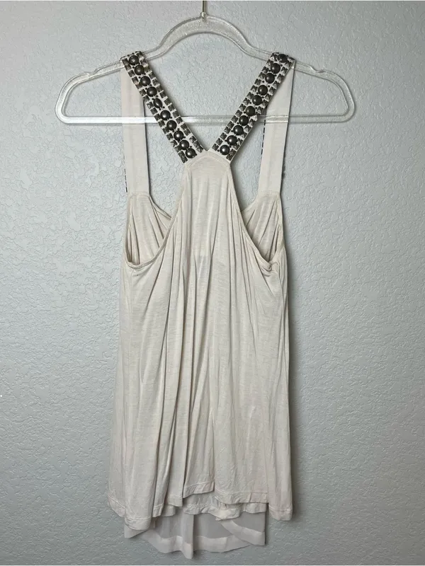 imaginary voyage Cream Tank Top with Embellished Straps Size L - Image 6