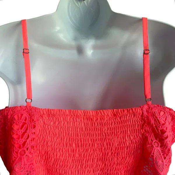 Y2K Women Coquette Festival Lace Crop Top‎ Corset L Neon Orange Smocked Bustier - Image 3