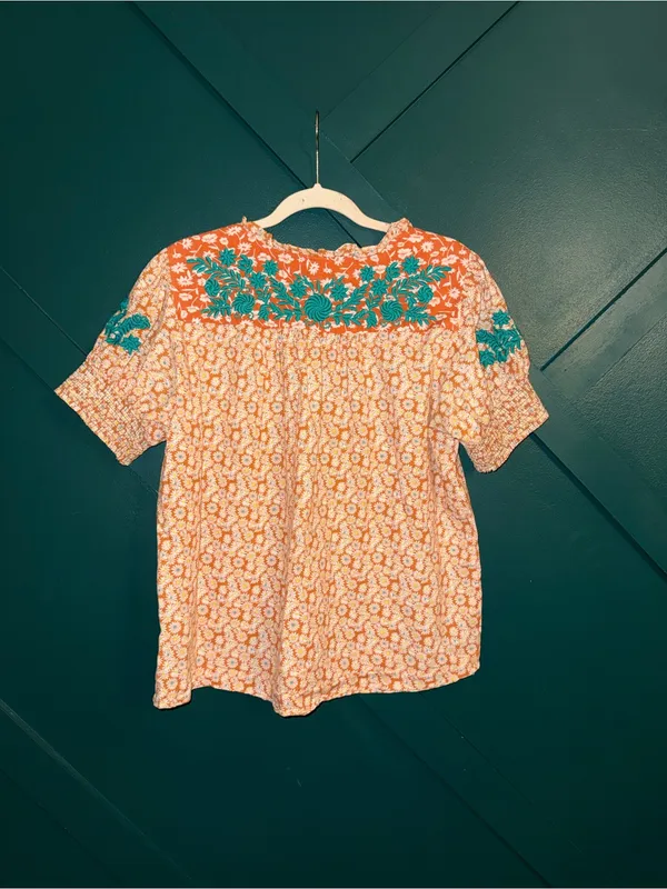 Sister Mary Floral Embroidered Coral Blouse Teal Boho Peasant Top Cottagecore - Image 3