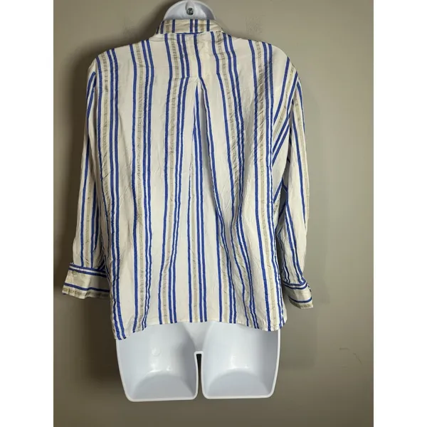 Cotélac Acoté Blue & Gold Striped Button Down Blouse French Designer Size XS/S‎ - Image 6