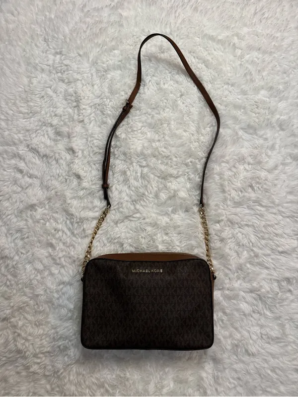 Michael Kors Brown MK Monogram Crossbody with Gold Chain - Image 2