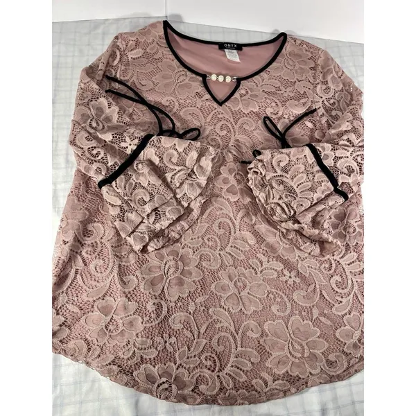 Onyx Apparel Women’s Lace Blouse L Pink/Black Pearl V-Neck Bell Sleeve 20195CM - Image 4