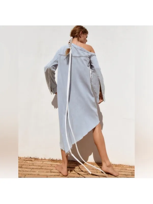 Zara Light Wash Denim Off-the-Shoulder Shirt Dress/Tunic XL NWT - Image 10