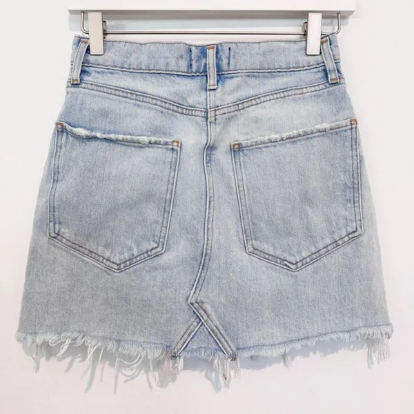 Denim Quinn High Rise Distressed Fray Hem Jean Mini Skirt - Image 9
