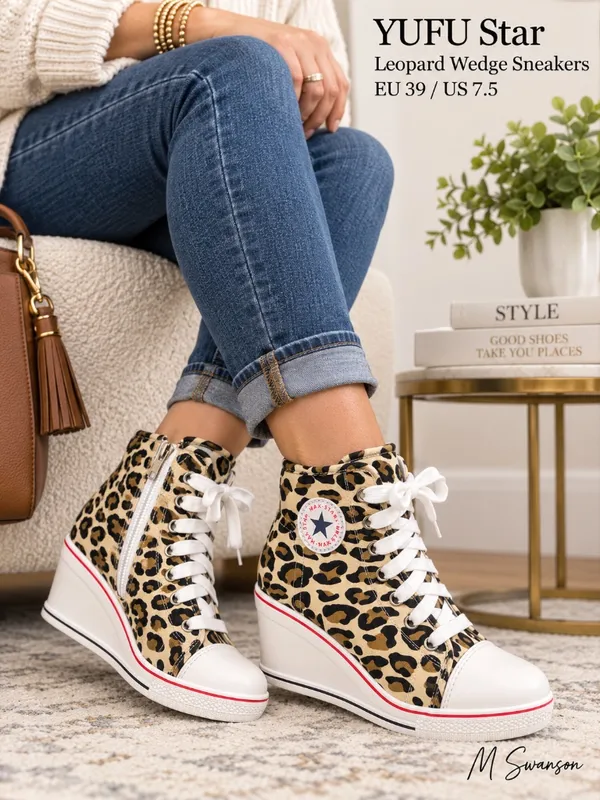 NEW YUFU Star Leopard High-Top Hidden Wedge Sneakers EU 39 / US 7.5 NIB - Image 4