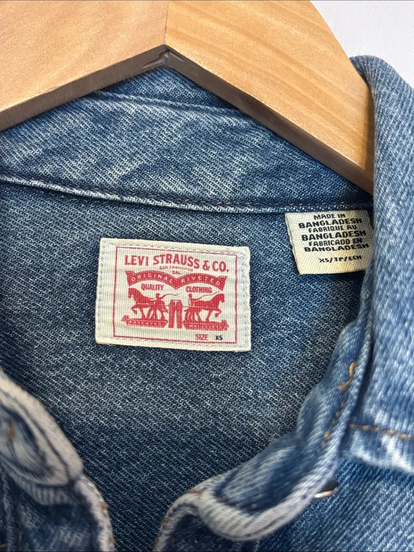 Levi's Denim Western Pearl Snap Shirt Oversized Blue Medium Wash XS - Image 2