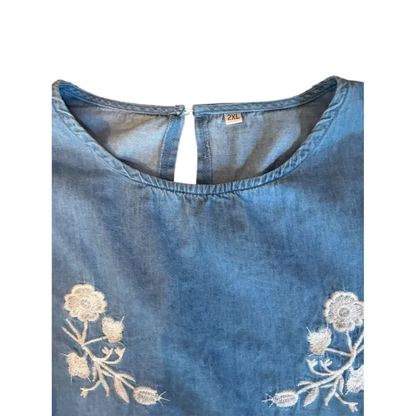 Embroidered Floral Cotton Chambray Shift Dress Womens Size XXL - Image 4
