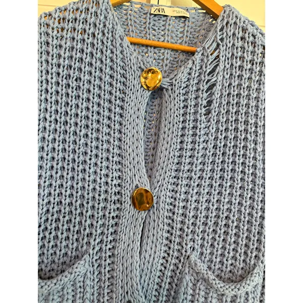 Zara Blue Sweater Vest‎ With Gold Buttons Size Medium - Image 4