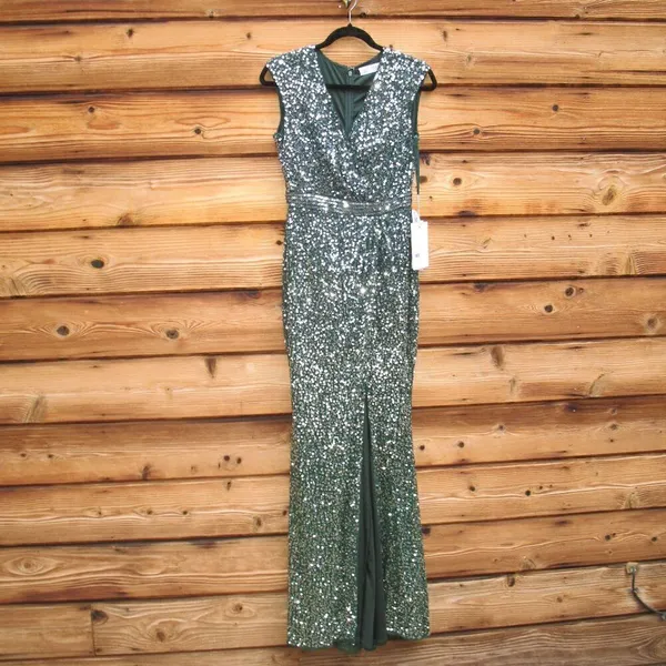Mac Duggal 5489 Womens Green Cap SLEEVE SEQUINED HIGH SLIT GOWN - Image 6