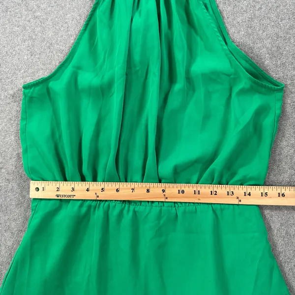 DO+BE High Neck Swing Mini Dress Size Large Green Sleeveless Bow Gathered Waist - Image 5