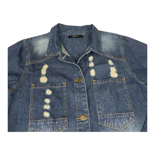 Woman Distressed Denim Jacket Shirt Dress Medium Medium Wash Long Sleeve - Image 8