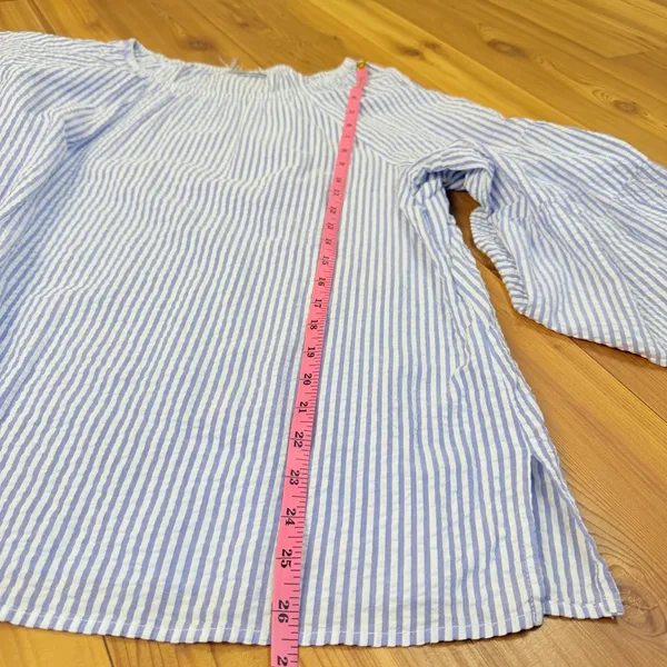 Blue White Striped Seersucker Coastal Blouse Bell Sleeve Scoop Neck Size M/L - Image 4