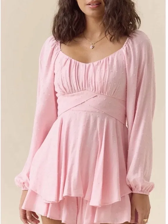 Altar'd State Soft Pink Long-Sleeve Empire Double Tie Back Romper - Image 8
