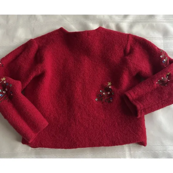 Karen Scott Red 100% Wool VintageCardigan Sweater Sequin Embroidered Tree M Crew - Image 2