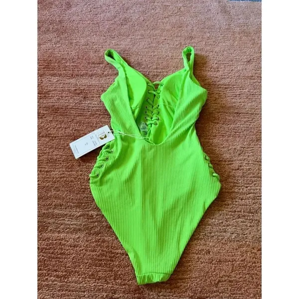 TiNiBiKiNi One Piece Swimsuit XS Citrus Green Lace Up Ribbed Monokini - Image 3