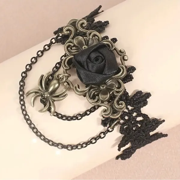 1pc‎ Retro Style Gothic Black Rose Lace Tassel Bracelet Spider Rose Bracelet - Image 12