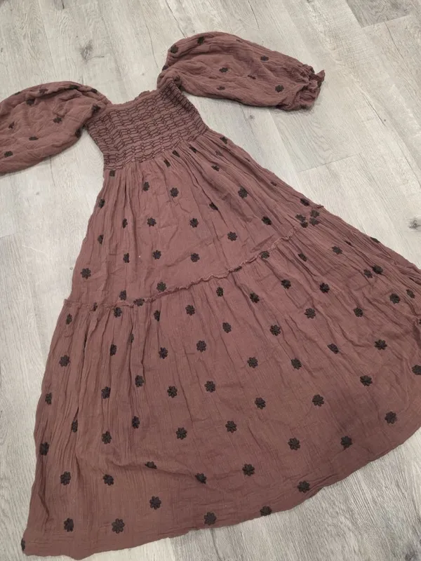Free People Dahlia Embroidered Maxi Dress brown off the shoulder embroider S - Image 6
