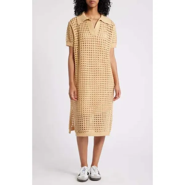 NWT Dressed In Lala Open Knit Polo Midi Dress Large Taupe Tan Crochet Cover Up - Image 2