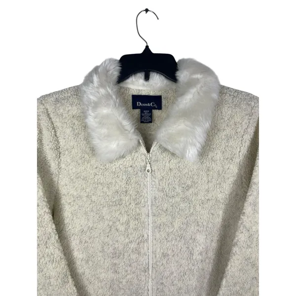 VTG 90s Y2K Denim & Co Faux Fur Collar Sherpa Fleece Zip Jacket M Ivory Coat - Image 3