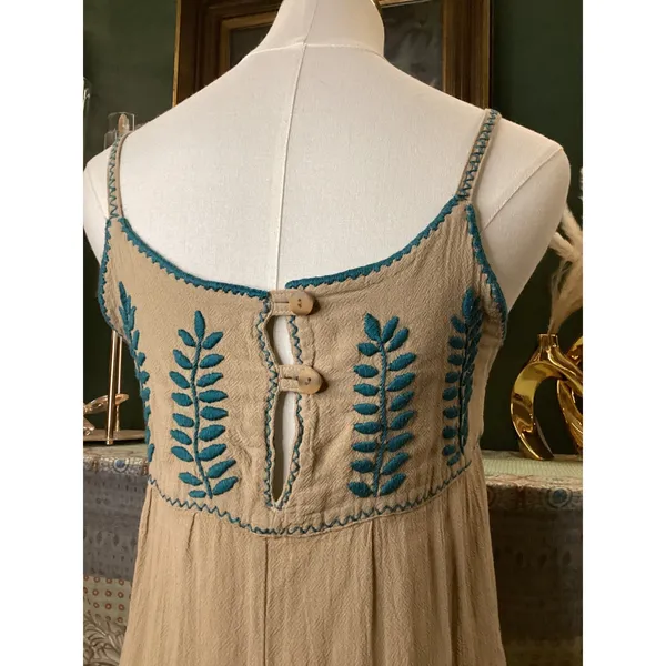 Ole San Miguel Tan Cotton Gauze Embroidered Tiered Maxi Dress Small Blue Floral - Image 4
