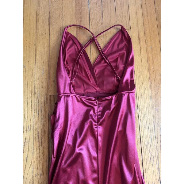 Lulus Red Satin V Neck Strappy Side Slit Maxi Formal Gown - Image 8