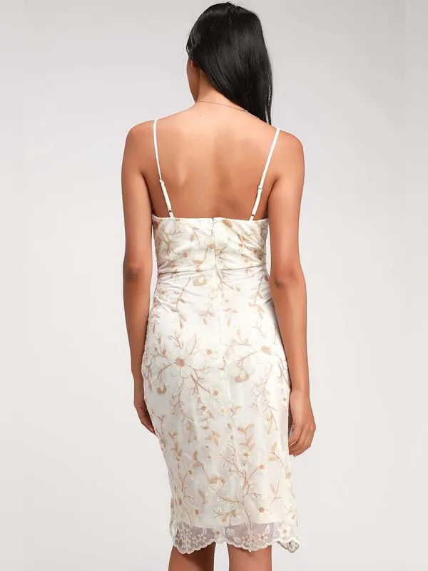 Starleena Cream and Taupe Floral Embroidered Bodycon Midi Dress Size Small NWT - Image 2