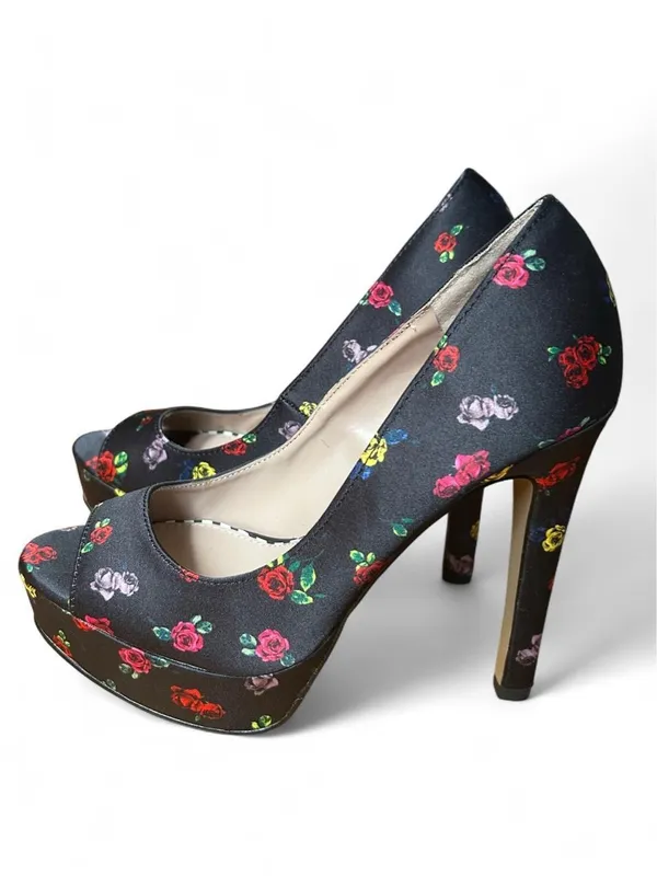 Betsey Johnson Kenedy Satin Floral Platform Peep Toe Pumps Black Rose Heels 6.5M - Image 2