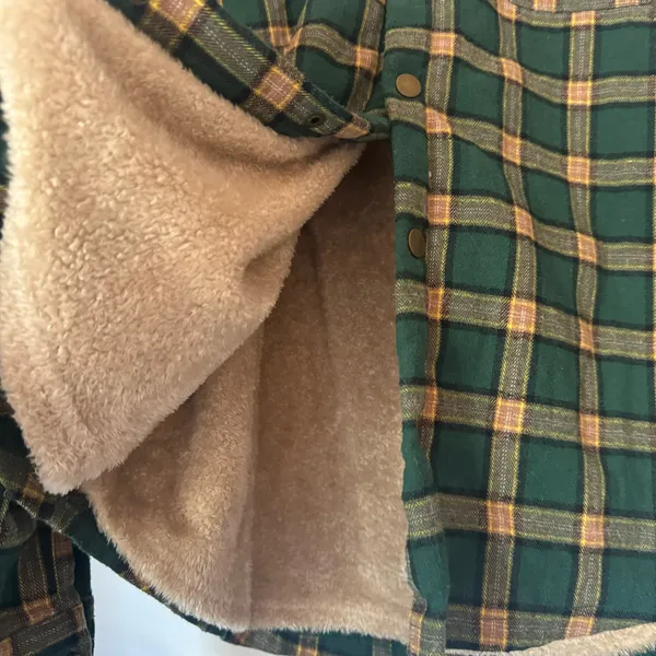 Green Plaid Flannel Sherpa Lined Shacket Hoodie - Image 3