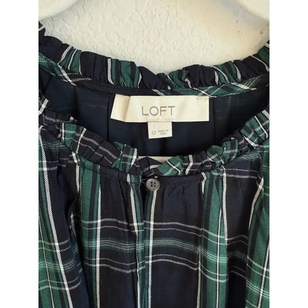 Loft Dress Women's 12 Blue Green Plaid‎ Shift Belted Short Sleeve Pleated Lined - Image 4