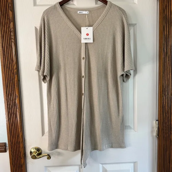 MIHOLL Waffle Knit‎ Button Down Top Tie Front Shirt Blouse XL - Image 6