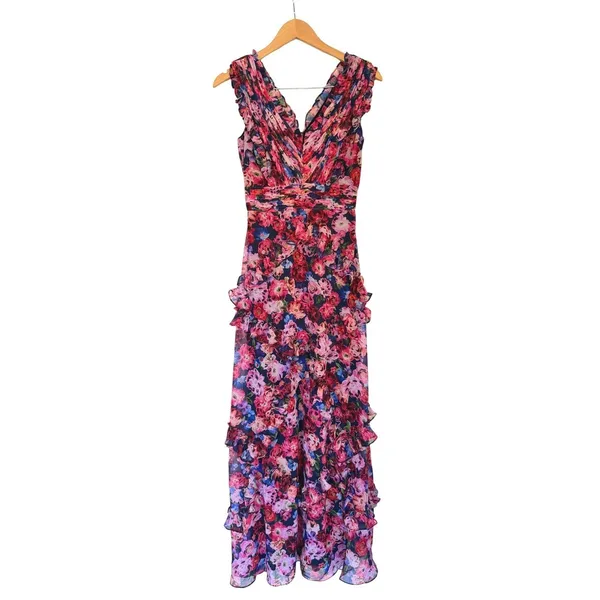 AQUA Formal Floral Ruffle Maxi Dress Pink Blue V-Neck‎ Sleeveless Size 0 NEW - Image 2