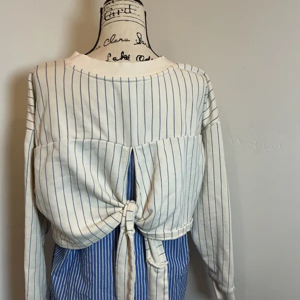 Anthropologie Mixed Media Pinstripe Tie Back Sweatshirt Top Blue Cream Medium M - Image 6