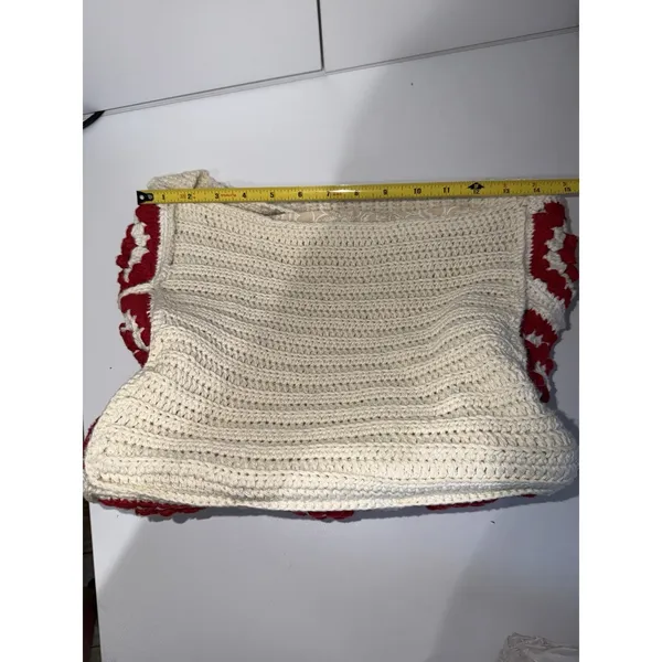Crochet Granny Square Shoulder Tote Bag Red Beige Handmade Afghan Boho L‎ - Image 6