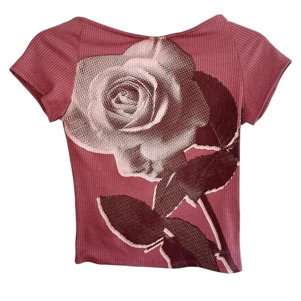 UO Nadia Rose Print Low Open Back Top M Pink Mauve Ribbed Knit ASO Bel-Air Amira - Image 3