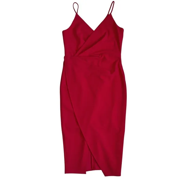 Betsey Johnson Red Faux Wrap Midi Dress Womens 8 V Neck Spaghetti Strap - Image 12