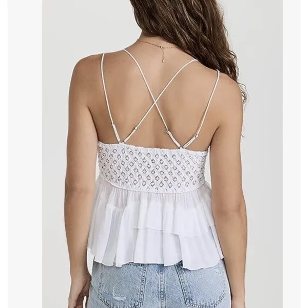 Free People Intimately Medium Adella Cami Top White Ruffled Crochet Lace Smocked - Image 7