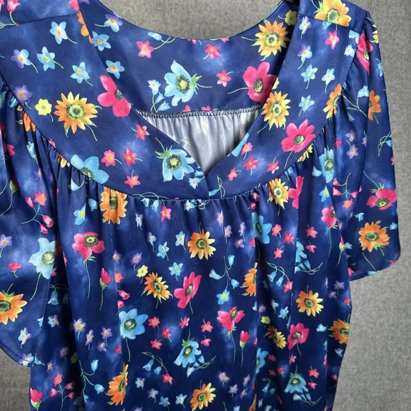 Vintage Plus Size 1X Womens Top MuuMuu Shirt Peasant Hawaiian Floral‎ Boho Blue - Image 8