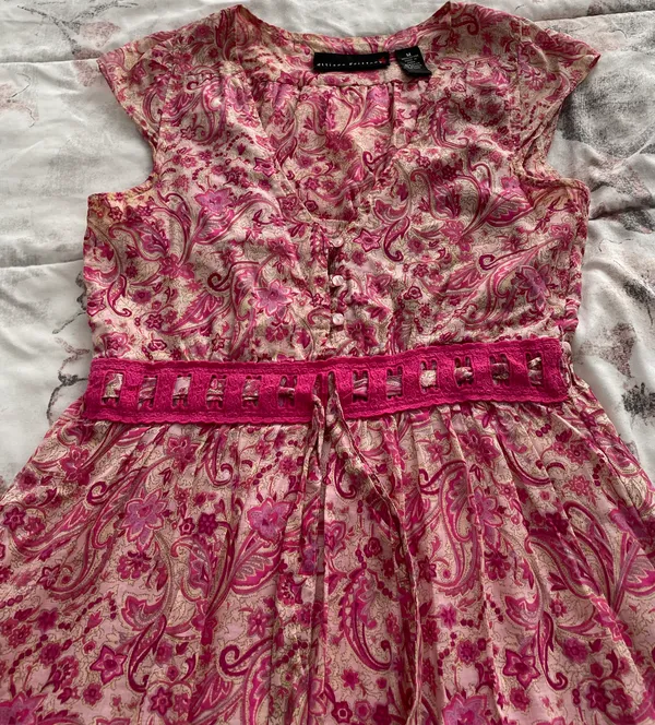 Floral Pink Beige Barbiecore High Waist Cotton Dress, size M - Image 11