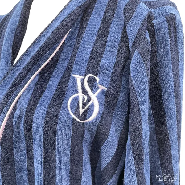 Victorias Secret Navy & Black Striped Embroidered Logo Belted Robe With Pockets - Image 2
