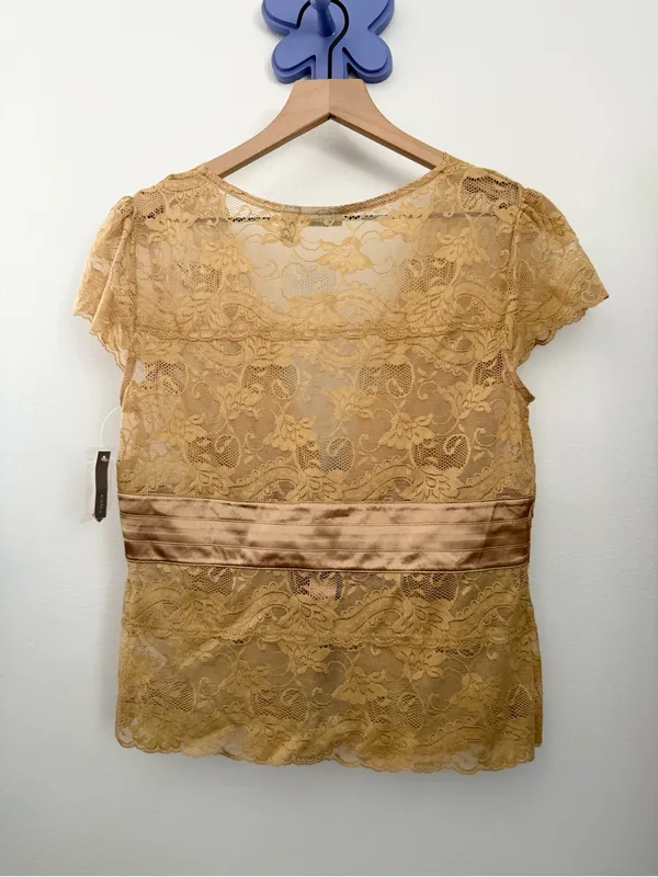 Apt. 9 Y2K Medium NEW Lace Blouse Victorian Satin Belt Tan Camel‎ Dainty Romantic Sheer - Image 4