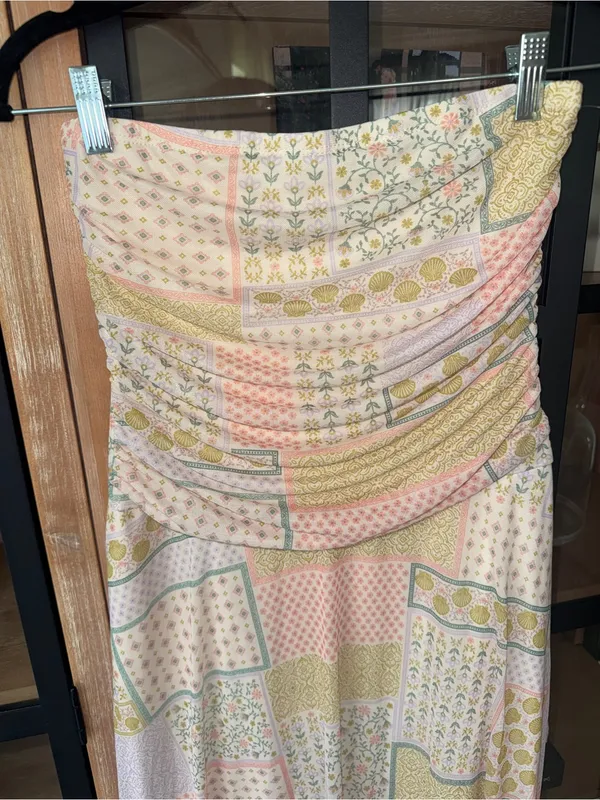 See You Monday patchwork dress midi fairy ruched stretchy pastel boho strapless - Image 6