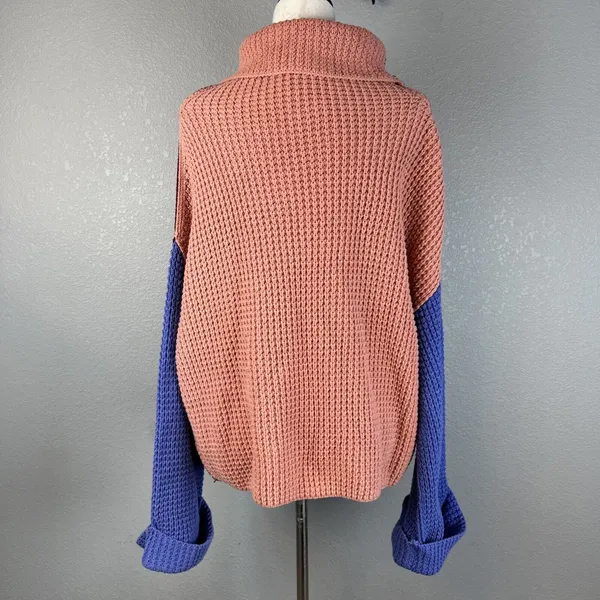 Free People Colorblock Park City Pullover Sweater Size M Waffle Knit Cowl Neck‎ - Image 4