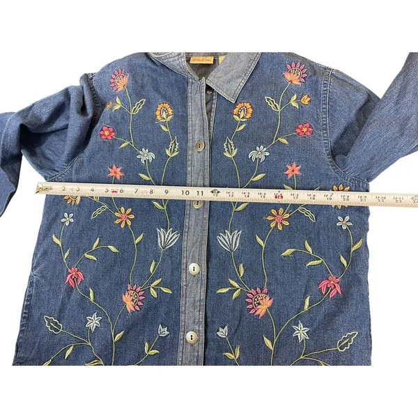 VTG 90s Bobbie Brooks Embroidered Floral Mixed Denim Shirt Button Up L Boho - Image 10