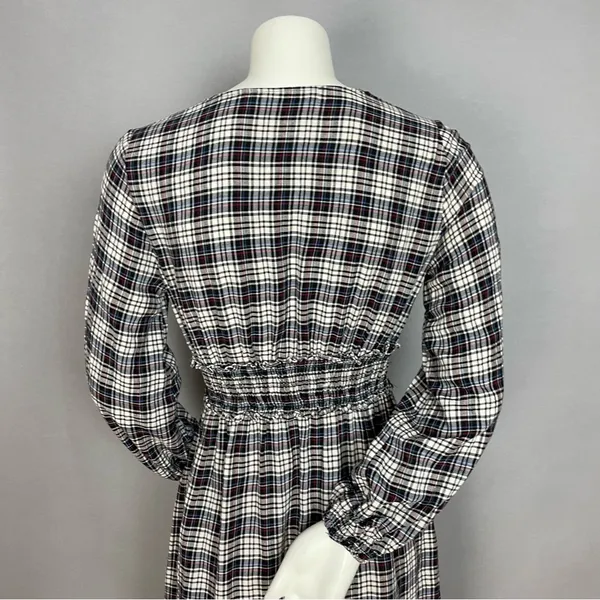 Zara Plaid Dress Shirred Smocked Long Sleeve V-Neck‎ Midi Women Size Medium - Image 6