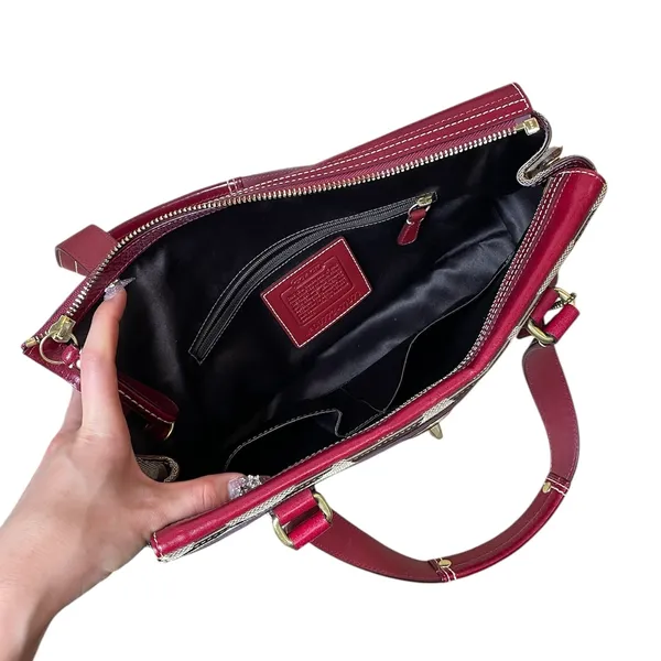 Coach Hampton Jacquard Large Signature Stripe Canvas Red Leather Shoulder Bag - Image 11