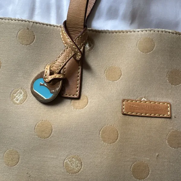 Dooney & Bourke Tan Polka Dot Tote Gold Hardware Bag Charm 12 x 10 x 4 - Image 2