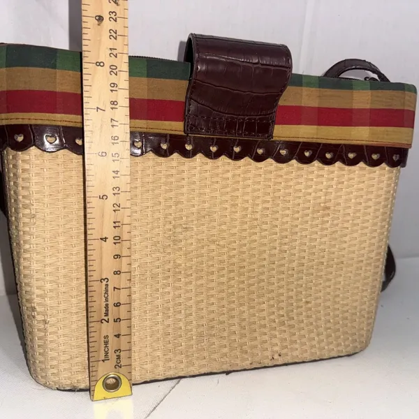 Vintage Brighton Style Y2K Handbag Brown‎ Leather Hearts Trim Plaid Straw Purse - Image 6