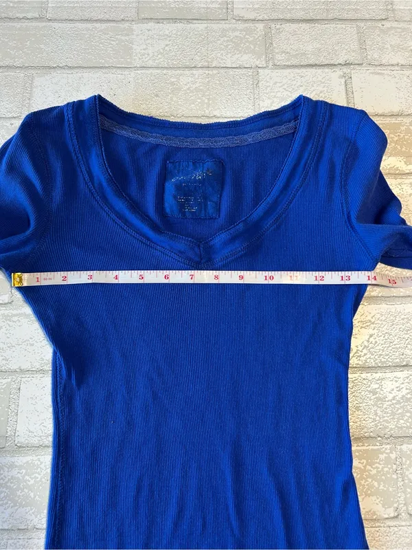 Aerie Henley Y2K 90s Women’s Long Sleeve V-Neck Top - Electric Blue - Image 4