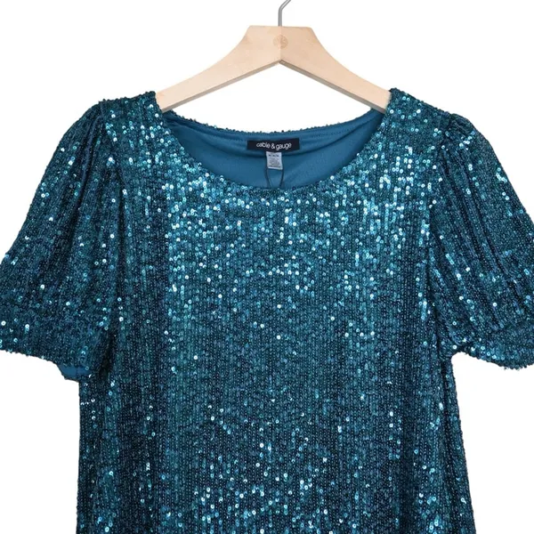 Cable & Gauge Womens M Short Sleeve Sequin Lined Mini Dress in Green NEW - Image 3