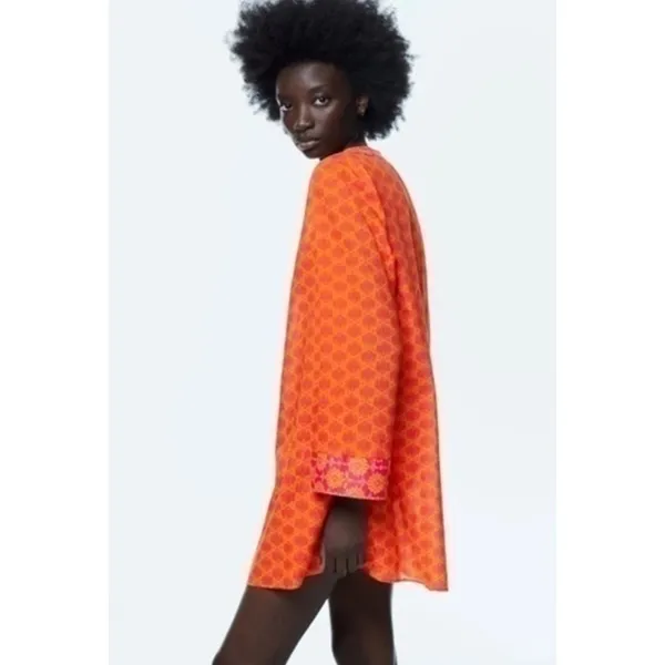 ZARA Boho Printed Tunic Beach Cover Up Mini Dress Orange Fuchsia Cotton S - Image 2